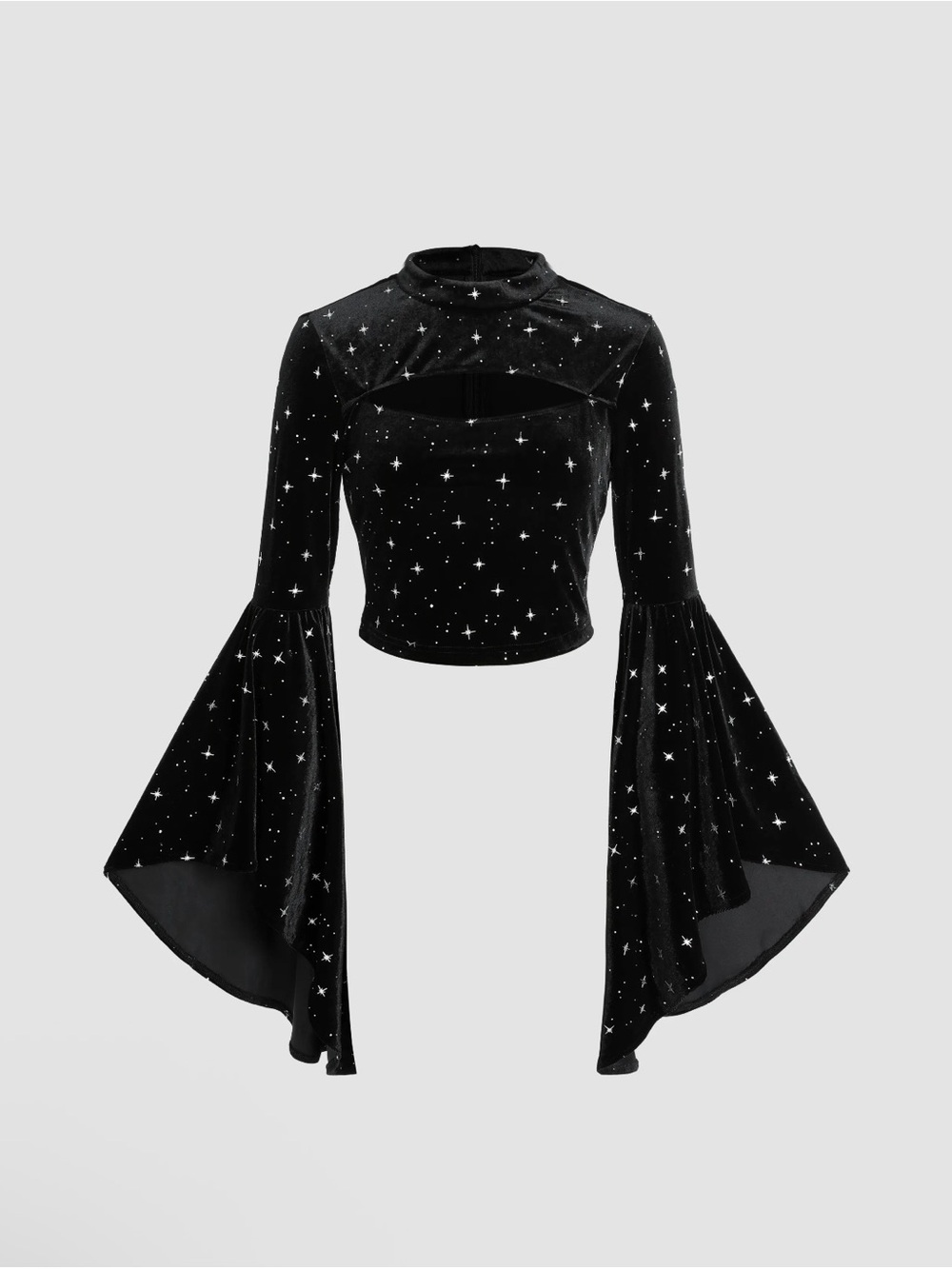 Black Velvet Star Pattern Bell Sleeved Crop Top